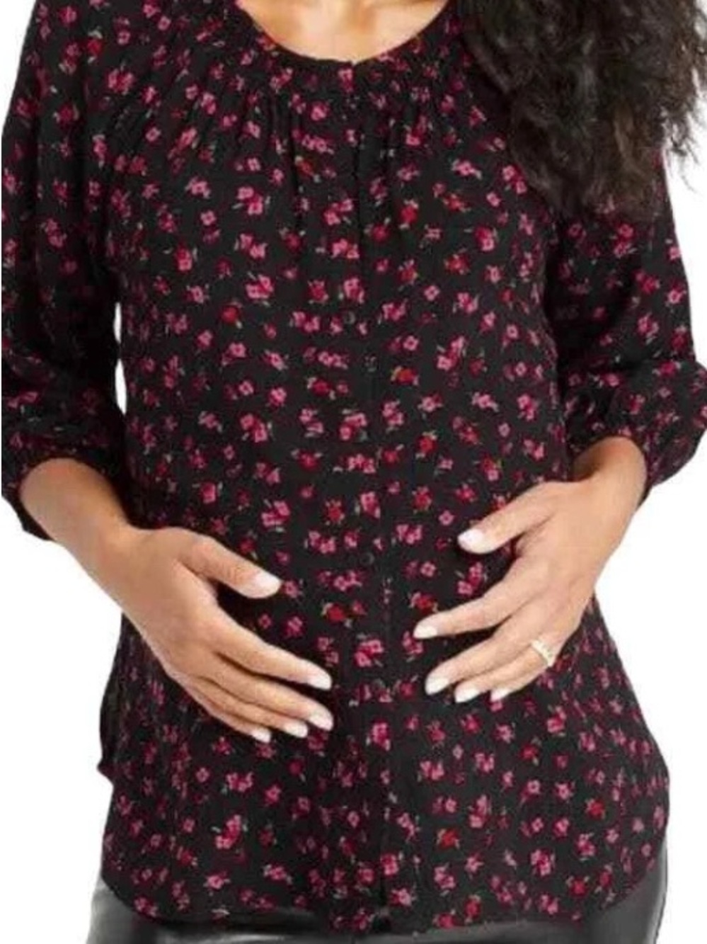 The nines by Hatch Black Floral Button front Maternity smocked prairie top small